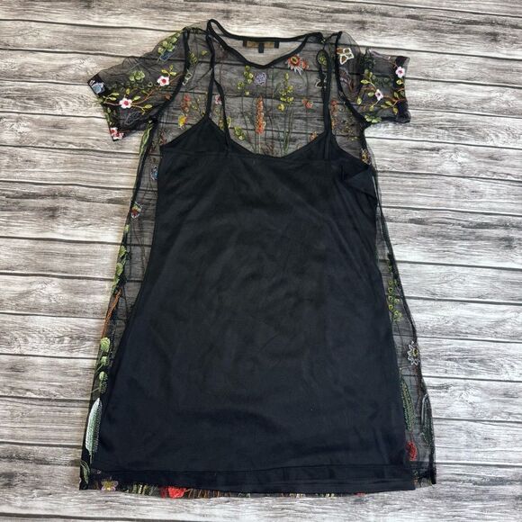 The Vintage Shop Women's Short Lace Overlay Mini Dress S SM Small Black Floral - Picture 14 of 14